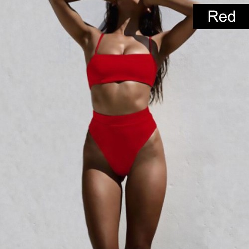 High Waist Bikinis Women Swimsuit Solid Bandeau Swimwear Bikini Set Bathing Suit - Picture 7 of 23