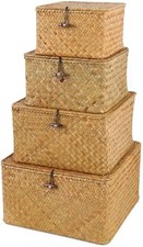 Wicker Shelf Baskets with Lid Handwoven Seagrass Storage Basket Bins Square