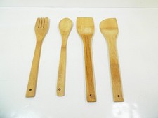 4 Pc Bamboo Kitchen Utensils Wooden Spatula, Spoon Fork Natural Wood Cooking Set