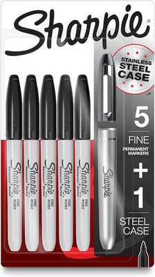Permanent Markers with Stainless Steel Marker Case Fine Point Black 6 Count