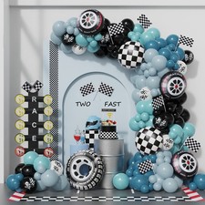 Race Car Balloon Garland Arch Kit 166PCS Dusty Blue Black Latex Balloon Wheel...