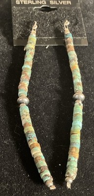 Green Turquoise Heishi Sterling Beaded  Native Handmade Earrings US 4 Inch
