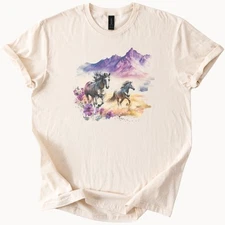Wild Horses Graphic T Shirt Watercolor Mountain Desert Flowers Art Tee