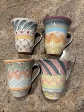 Set 4 Vtg MACKENZIE CHILDS  Garden Gala Aalsmeer pastel Hand Painted Coffee Mugs