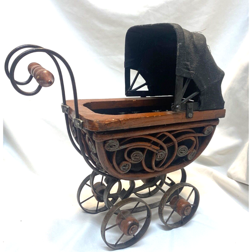 Vintage Victorian Baby Doll Hooded Carriage Stroller Coach Wicker Wood Metal