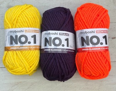 3 x 50g MyBoshi No 1, Mützengarn Schnellstrickgarn Löwenzahn, Pflaume,Neonorange
