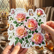 Pink Yellow Rose Butterfly Sticker Cottagecore Floral Vinyl Laptop Decal