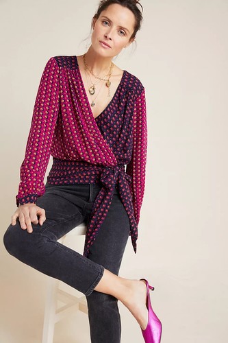 New! 2 Anthropologie Maeve Red Floral Wrap "Lisa Puff-Sleeved Blouse " Top - Picture 2 of 10