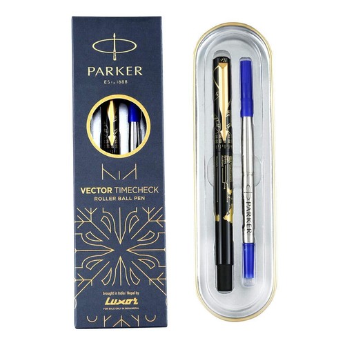 Parker Moments Vector Timecheck Gold Trim Roller Ball Pen (Black) Ink Blue