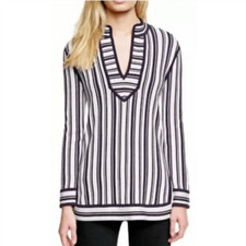 Tory Burch Gina Tunic Top Size Striped Navy & White V-Neck Pure Cotton Medium