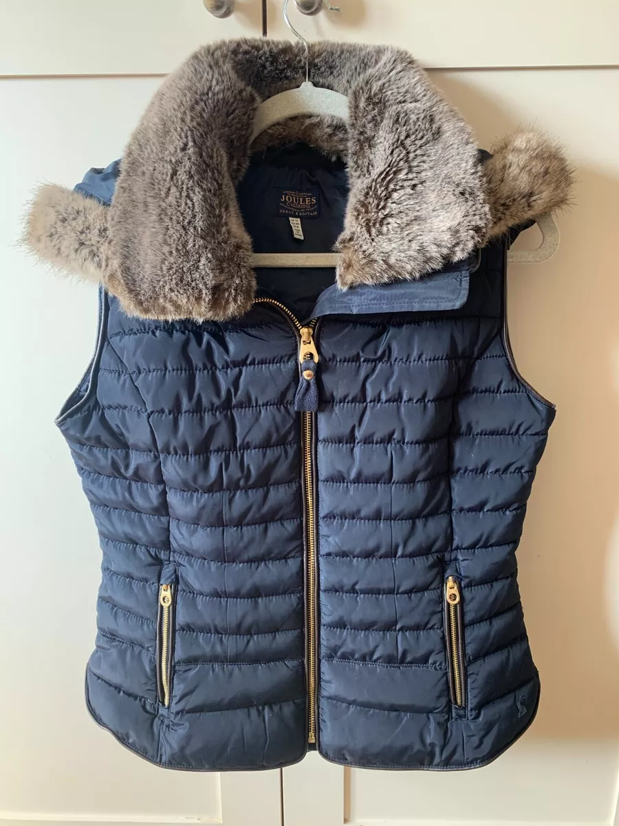 Joules Gilet Fur Hood Collar UK 12 Melbury Padded Quilted Navy RRP 109
