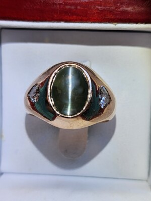 GIA 14K GOLD VS/G DIAMOND  NATURAL ALEXANDRITE CHRYSOBERYL CAT'S EYE RING 10