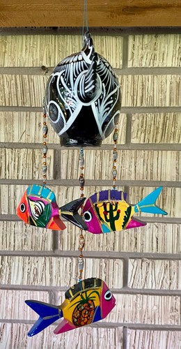 Hanging Folk Art Coconut Fish Hand Carved Mexico Home Tropical Wind Chime #16 - Picture 4 of 7