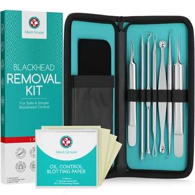 Medi Grade Blackhead Remover Tool Kit w. 50 Oil Control Sheets - Pimple Popper