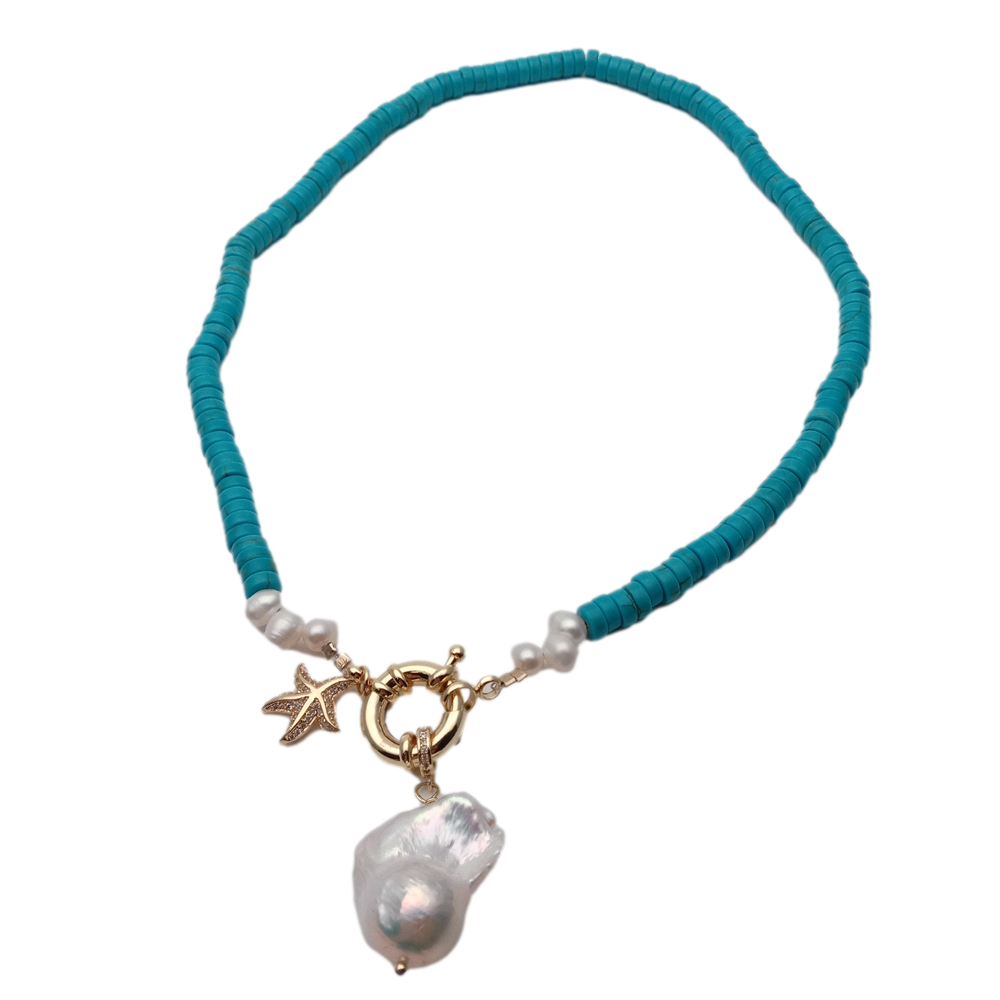 White Baroque Pearl Blue Turquoise Choker Necklace Simple Jewelry