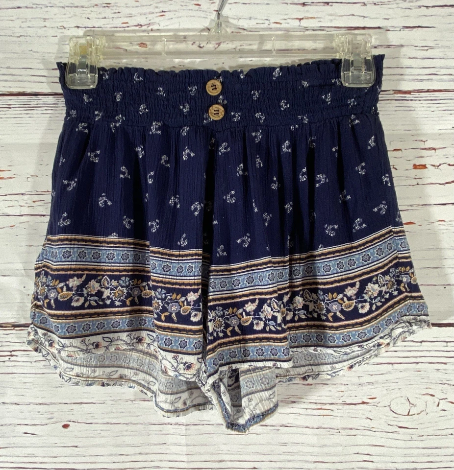 Pantalones Cortos Rue 21 Talla Pequeña Azul Estampado Floral Boho Pull On Cintura Elástica Verano Foto 3 de 4