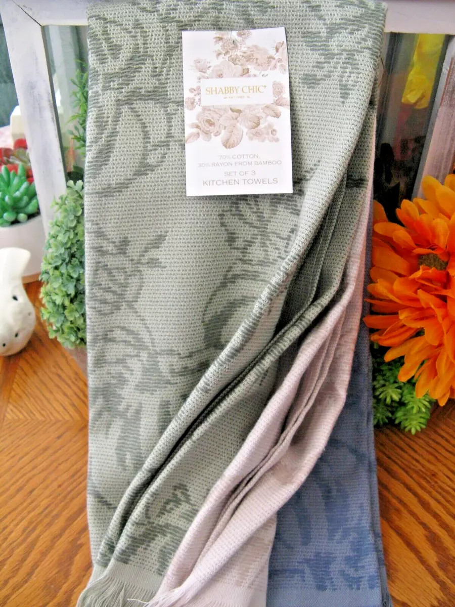 New Rachel Ashwell Shabby Chic Sage Green/Blue/Cream Fall Pumpkin Kitchen  Towels