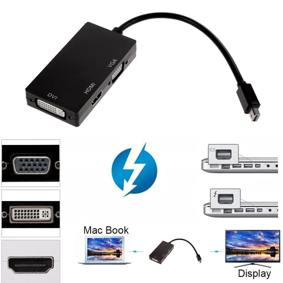 3 In 1 Thunderbolt Mini Display Port DP To HDMI DVI VGA Adapter Cable For Apple - Image 2 of 4