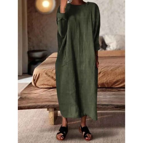 NEW Linen Soft Cotton Kaftan LongSleeve Loose Casual Maxi Dress Large Army Green