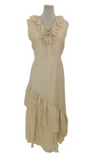 M&S Women's Dress Soft Gold Textured Ruffle Neck & Hem Asymmetric Ties Lined New
