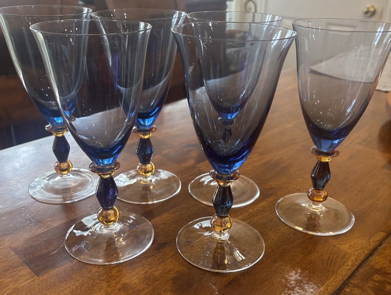 Set 6 Mikasa Estate Tulip Wine Water Goblets Amber cobalt Blue 7  3/4” tall EUC