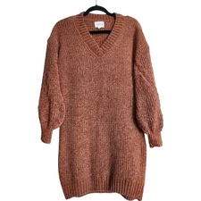 Olive & Oak Sweater Dress Medium Brown Chenille V Neck Long Sleeve Pullover Cozy
