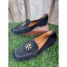 Tory Burch Metal Miller Suede Loafers Black Brushed Golden Logo Women's 8