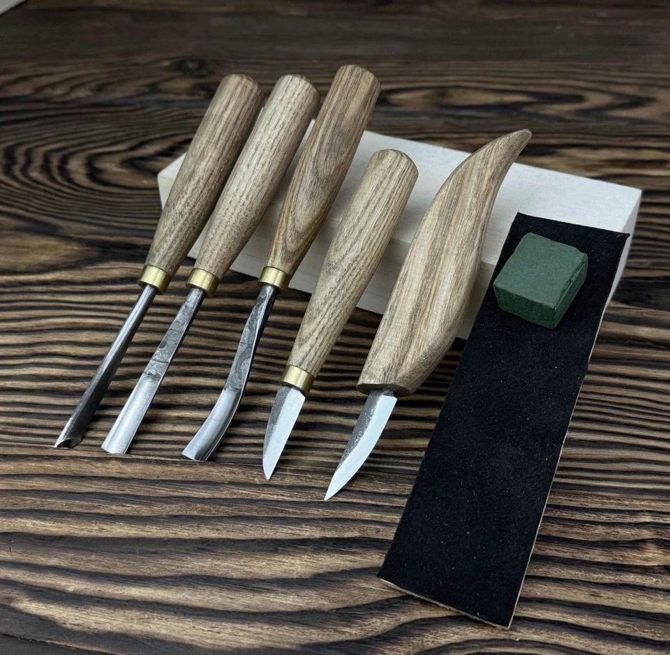 5-Piece Wood Carving Tools Set with Leather Roll – Hand Forged Knives & Chisels - Image 3 of 4