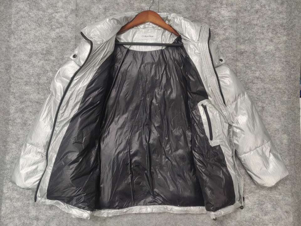Abrigo de invierno Calvin Klein para mujer M metálico plateado con capucha cremallera completa acolchado Foto 4 de 4