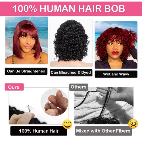 Bob Wigs Human Hair 99J Burgundy Water Wave Curly Wig with Bangs fo... Fast Ship - Picture 4 of 8