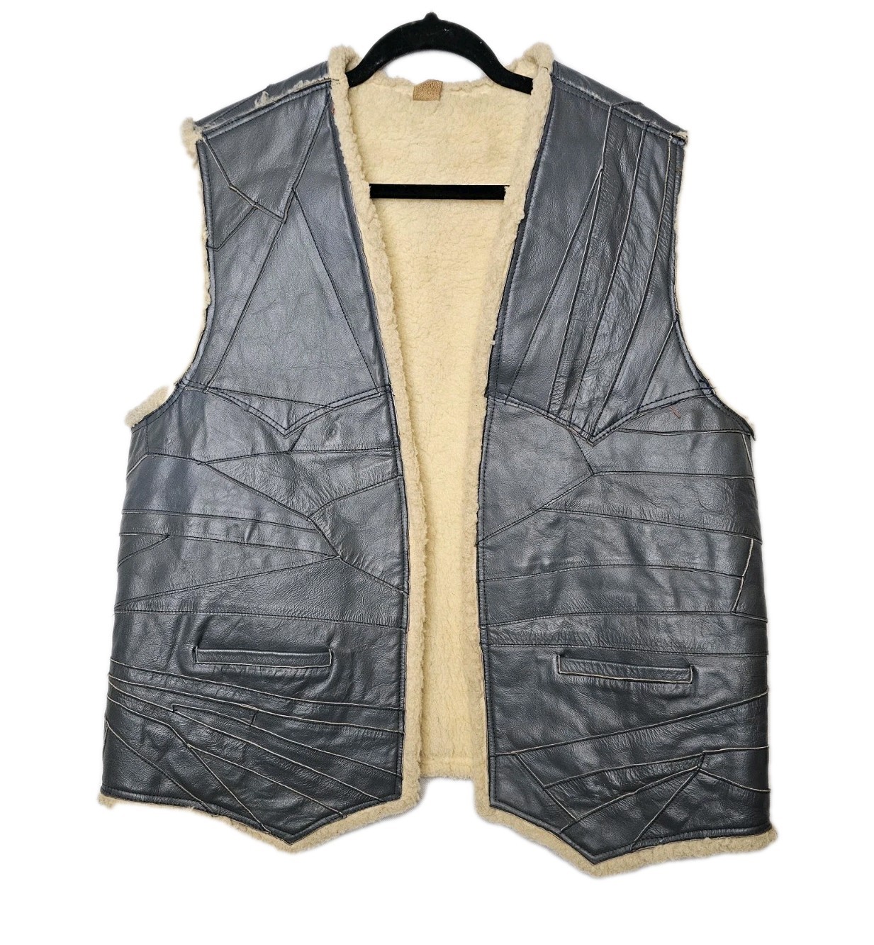 handmade Gray Beige Leather Patchwork Vest Contra… - image 2