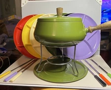 Vintage Green Fondue Set  With Plates And Forks D. Kamenstein Original Box