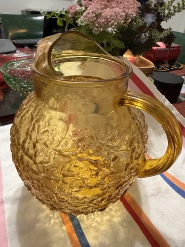 Vintage Anchor Hocking Lido Milano Crinkle Amber Honey Amber Ball Glass Pitcher