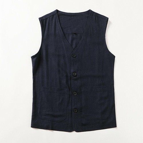 Men's 100% linen fully lined 4 front pocket adjustable back belt stylish 6 button vest main image 0
