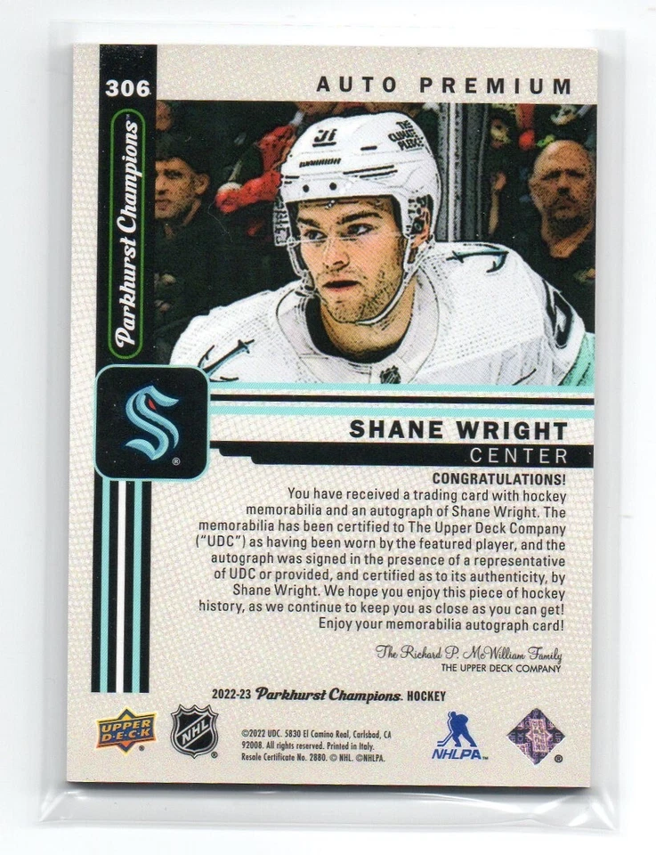 2022-23 Parkhurst Champions Shane Wright RC #306 Rookie Patch Auto /35 - Image 2 of 2