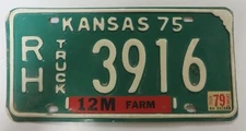 Vintage 1975 KANSAS License Plate Tag RUSH COUNTY #3916 TRUCK 12M Farm Green 