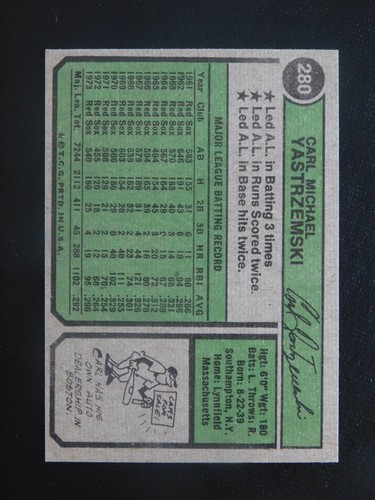 Tarjeta de béisbol Topps 1974 #280 de Carl Yastrzemski (casi nueva) - Imagen 2 de 2