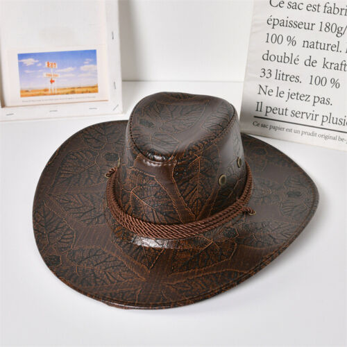 Herren PU Leder Western Cowboy Stil breite Krempe Mütze Outdoor Sonnenhut Unisex - Bild 12 von 15