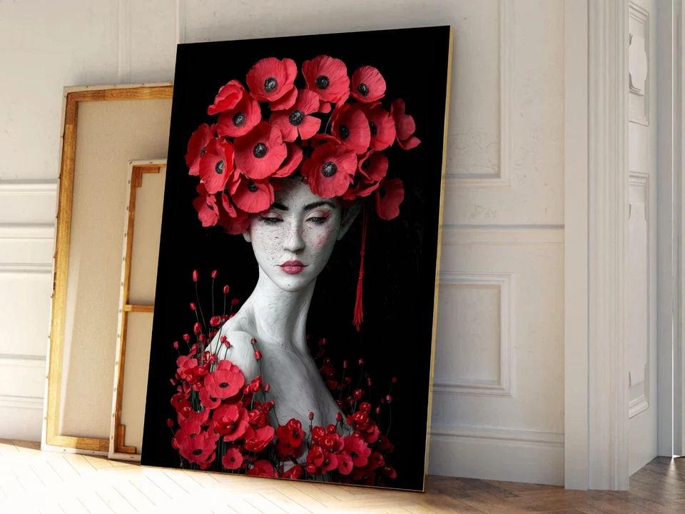 XL LEINWAND BILD BIS 150x100x5 ROTE MOHNBLUMEN FRAU GEMÄLDE NATUR MODERN SCHWARZ - Bild 4 von 4