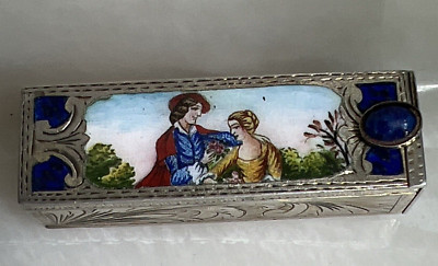 Antique 800 Silver Enameled Romantic Courting Couple Lapis Lipstick Holder Case