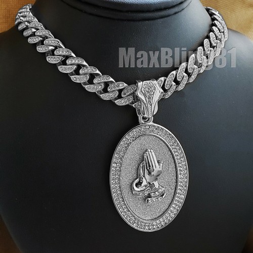Praying Hands Oval Pendant & 16" 18" 20" 24" Iced Cuban Chain Hip Hop Necklace - Picture 21 of 24