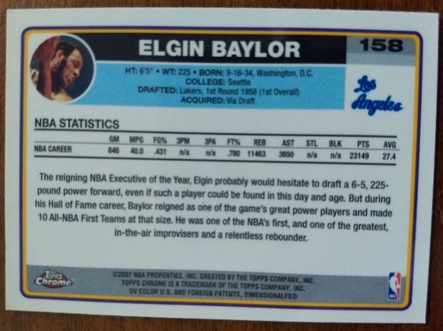 ELGIN BAYLOR, 2007-08 TOPPS CHROME #158, LAKERS - Picture 3 of 3