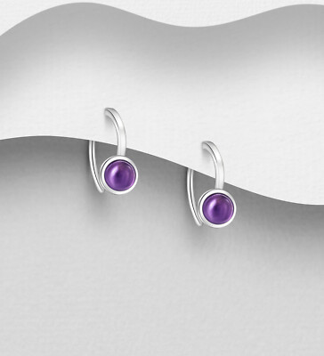 925 Sterling Silver Hook Earrings with Amethyst, 5.5x12mm