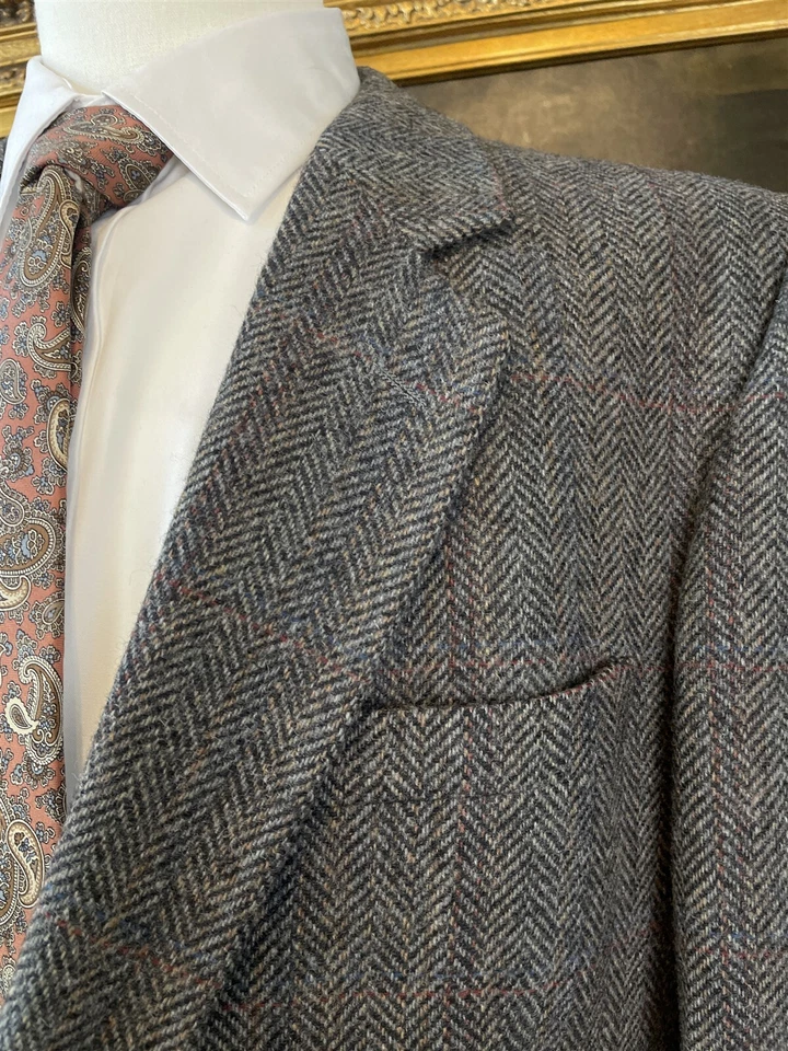 Abrigo Deportivo De Colección Barrister 44L HECHO EN EE. UU. Lana Tweed Gris Espiga Cuadros 2Btn Foto 3 de 4