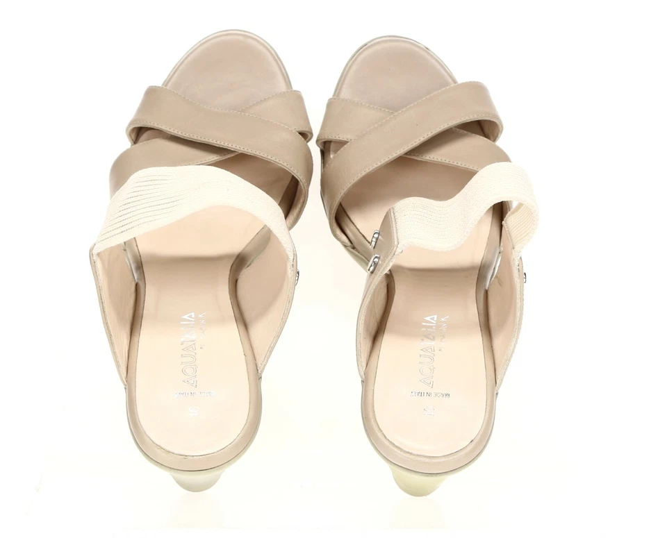 Sandalia Aquatalia Mujer Beige Cuero Oro Rosa Tacón Alto Cuña Slides Talla 10 Foto 3 de 4