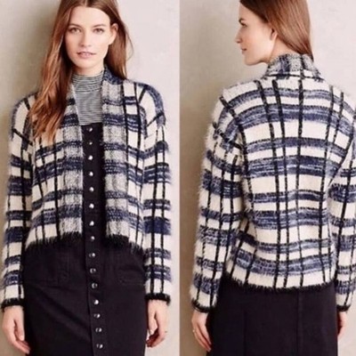 Anthropologie LA FEE VERTE Cardigan Sweater Womens Jacket M Blue Plaid Eyelash
