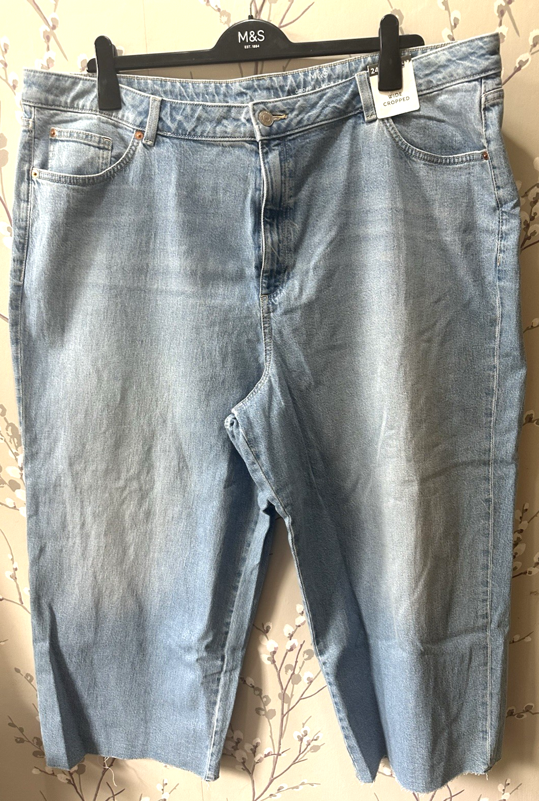 New M&S Marks & Spencer UK24R light indigo blue wide leg crop jeans with stretch
