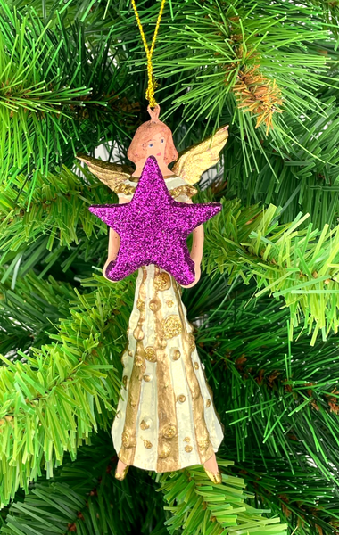 Christbaumschmuck Engel In Einem Creme-Goldenen Kleid Mit Lila-Stern 16Cm-image