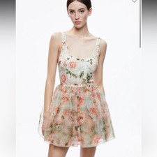 Alice + Olivia Chara Silk Party Mini Dress floral pistachio Size 0 NWT $495