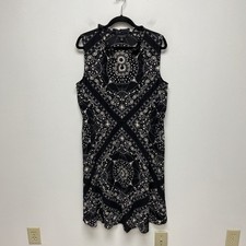 Talbots Sleeveless Fit & Flare Dress Black White Split Neck Bandana Print PXL